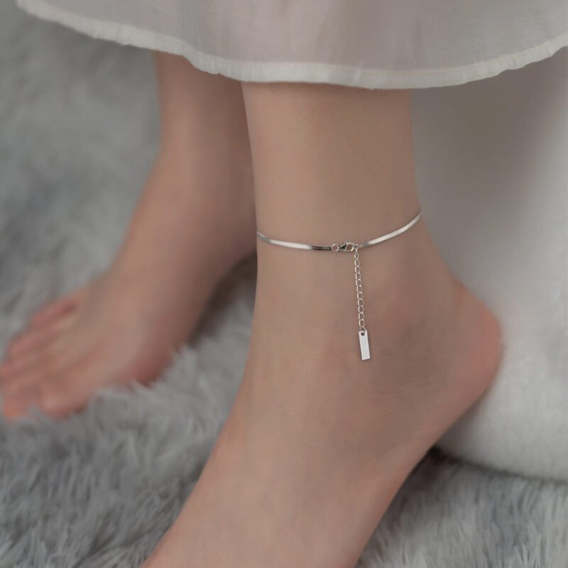 S925 Silver Simple Flat Snake Bone Single Chain Anklet - Image 5