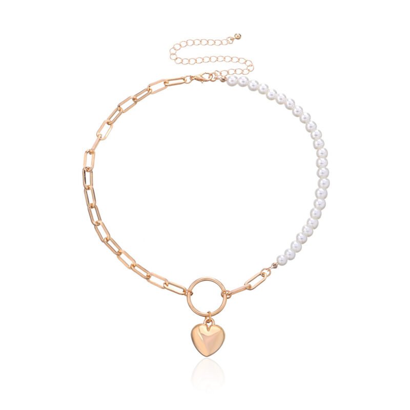 Women's Pearl Geometric Ring Peach Heart Pendant Necklace - Image 9