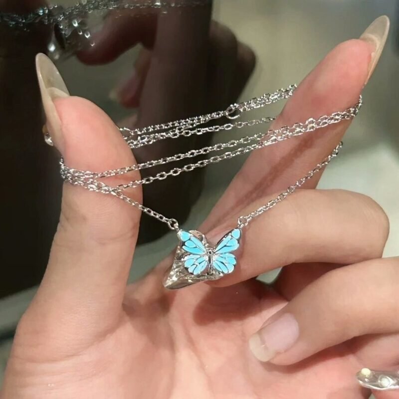 Fashion Blue Luminous Butterfly Necklace Bracelet Set For Glow In The Dark Women Clavicle Chain Choker Party Jewelry Set Gift - Image 9