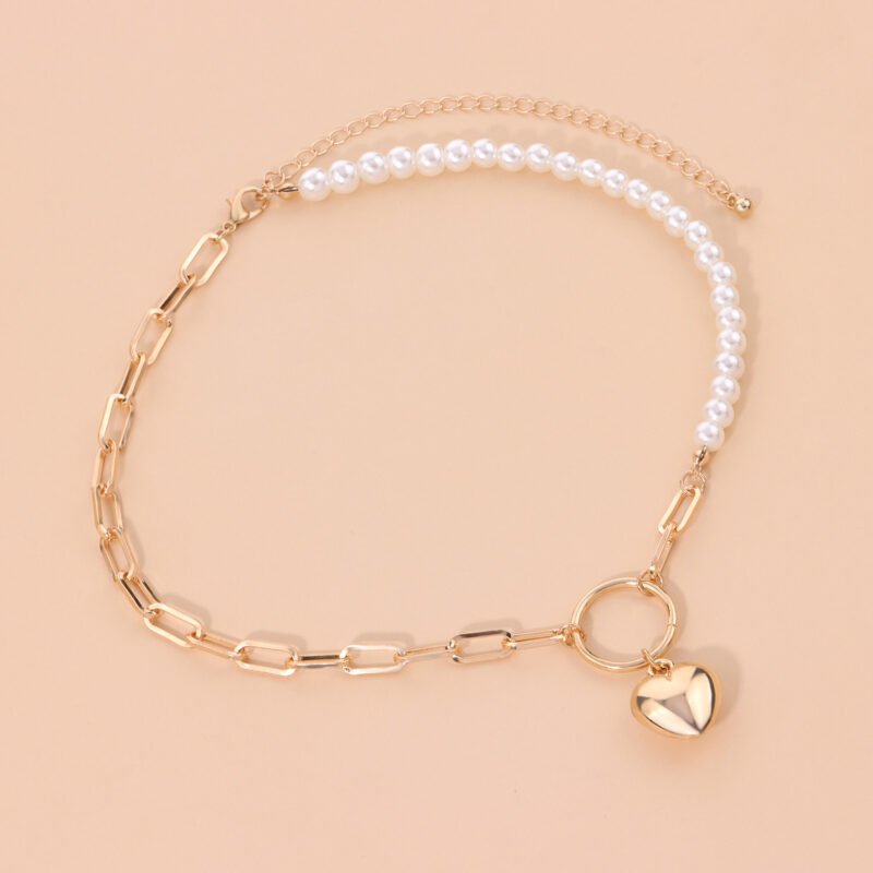 Women's Pearl Geometric Ring Peach Heart Pendant Necklace - Image 5