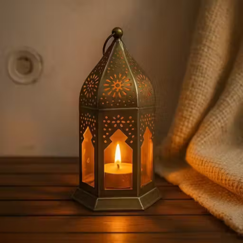 Noor Home Moroccan Style Decorative Lantern | Antique Gold Metal Tealight Candle Holder | Hanging or Tabletop Lamp for Diwali Decoration, Ramadan, Parties & Home Decor