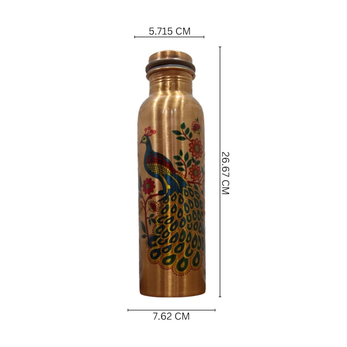 Tamra Veda Artisan Pure Copper Water Bottle (950ml) | Leakproof Ayurvedic Vessel with Hand-Painted Peacock (Mayur) Design | Joint-Free & Seamless - Image 2