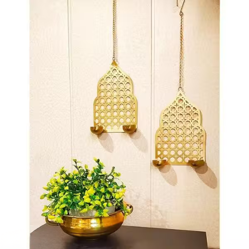 Ambiya Traditions Metal Jaali Wall Hanging Diya Holder (Set of 2) | Gold Jharokha Tealight Sconce for Diwali Decoration | Ethnic Home Decor for Pooja Room, Living Room