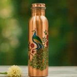 Tamra Veda Artisan Pure Copper Water Bottle (950ml) | Leakproof Ayurvedic Vessel with Hand-Painted Peacock (Mayur) Design | Joint-Free & Seamless