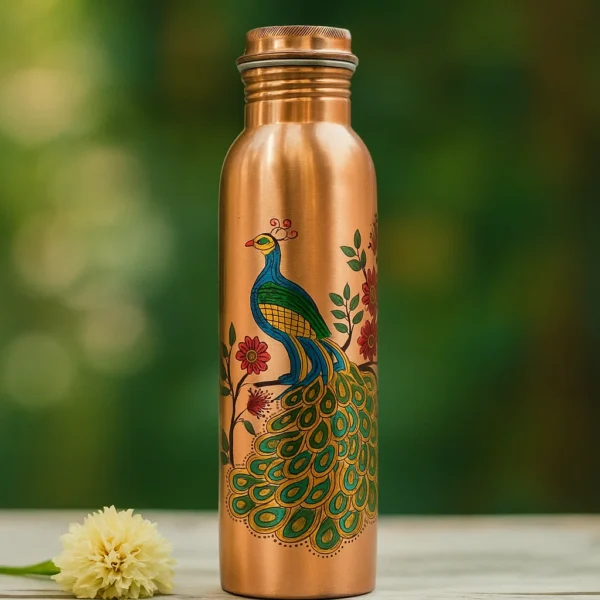 Tamra Veda Artisan Pure Copper Water Bottle (950ml) | Leakproof Ayurvedic Vessel with Hand-Painted Peacock (Mayur) Design | Joint-Free & Seamless